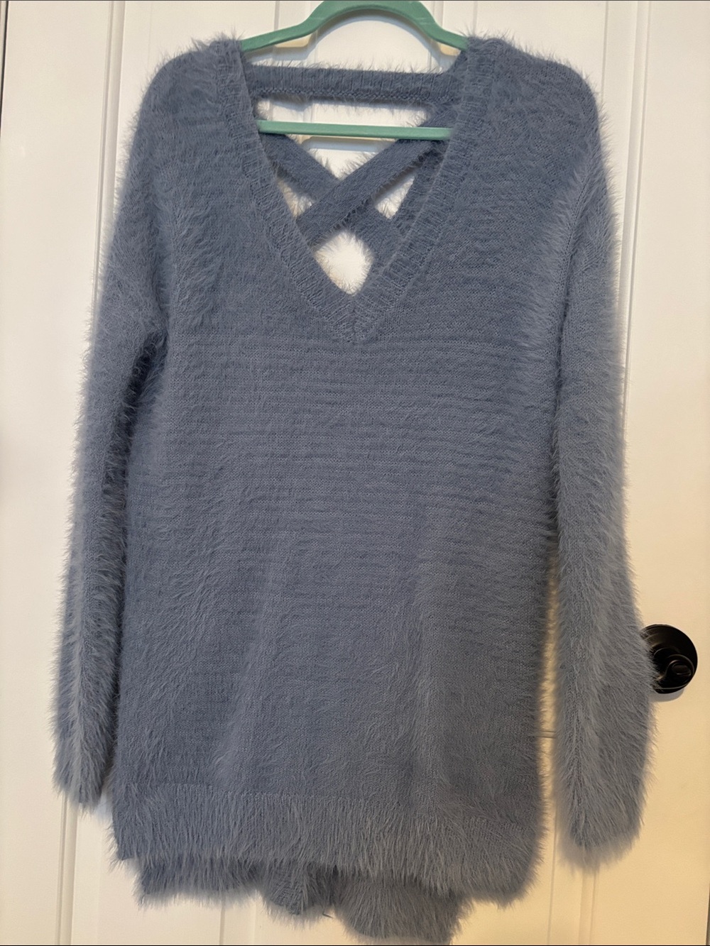 Jessica Simpson Dusty Blue Fuzzy V-Neck Sweater with Crisscross Back